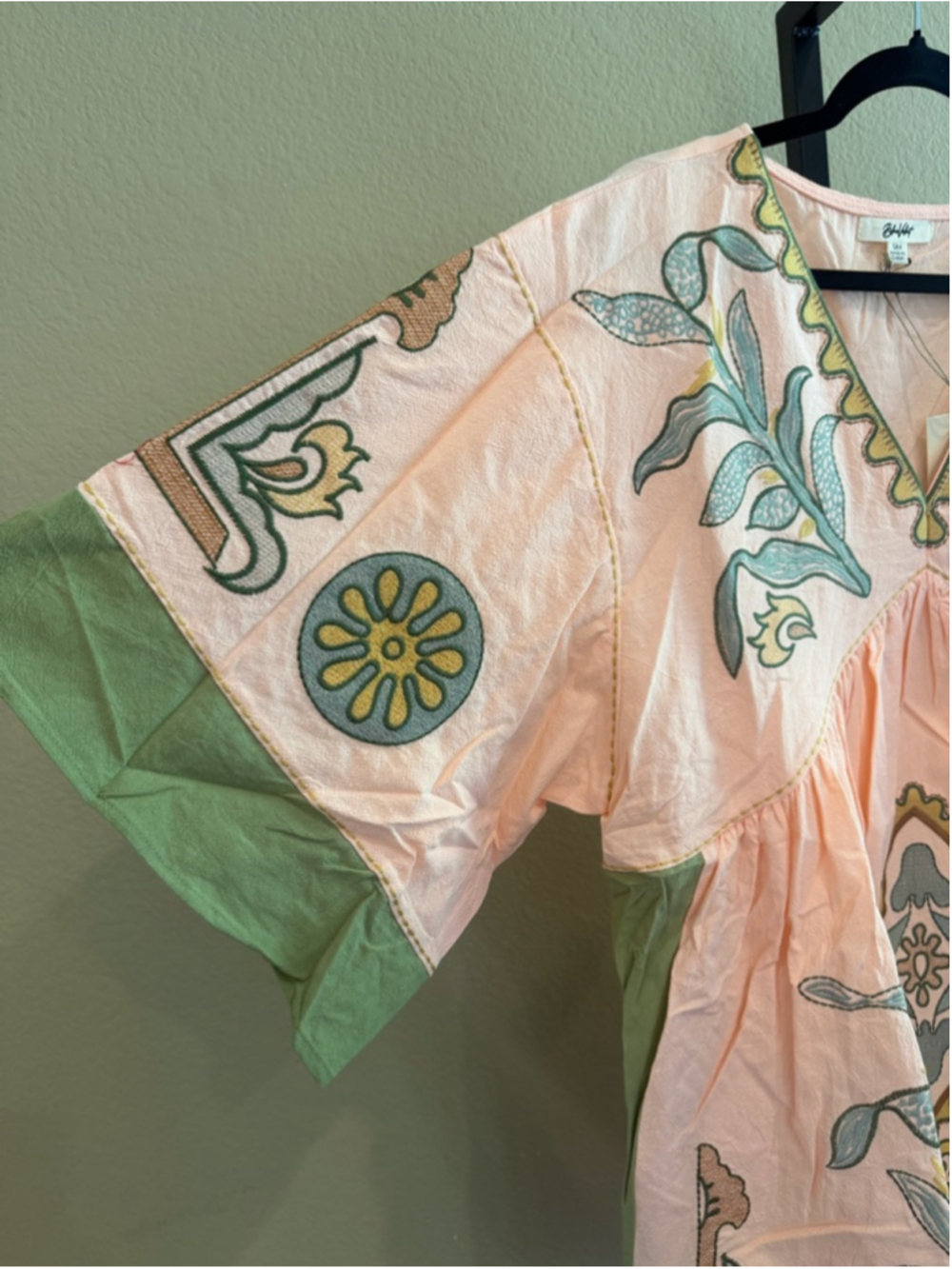 Blue Velvet Cotton/Linen Blend Embroidered Mini Dress in Salmon/Sage Size S/M - Picture 4 of 8